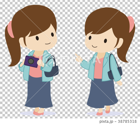 可愛い旅人 ポニーテール カメラのイラスト素材