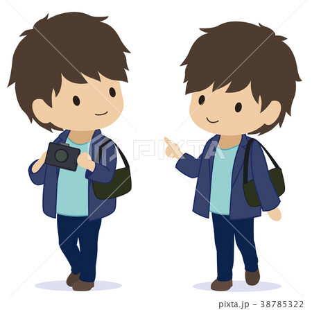 可愛い旅人 茶髪 カメラのイラスト素材