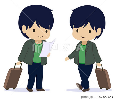可愛い旅人 黒髪 スーツケースのイラスト素材