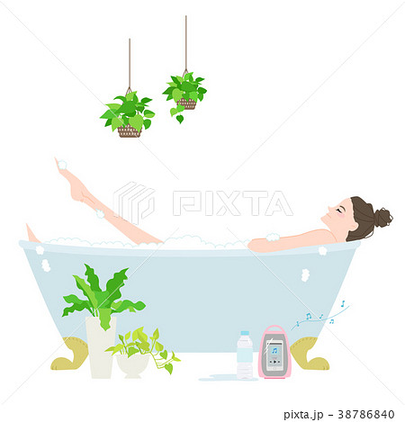 観葉植物いっぱいのお風呂 入浴中の女性のイラスト のイラスト素材