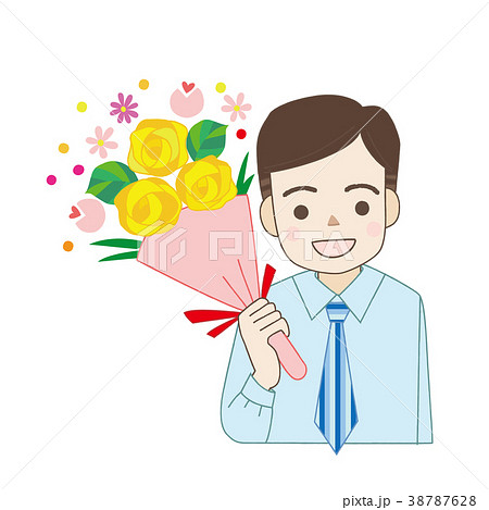 薔薇の花束をもらって喜ぶ男性 父の日のイラスト素材