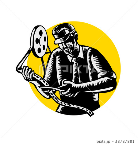 Film Editor Editing Woodcut 38787881