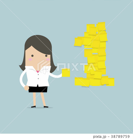 Businesswoman with number one yellow sticky notes. Businesswoman with number one yellow sticky notes. 38789759