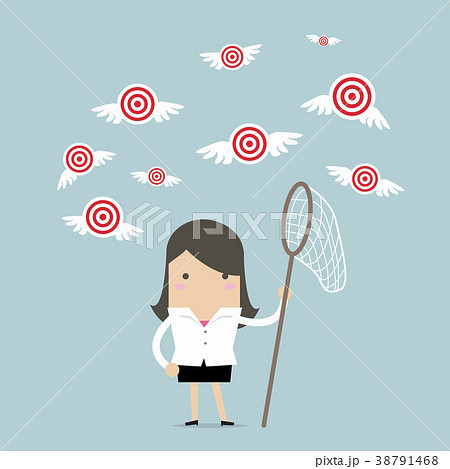 Businesswoman try to catch flying target. 38791468