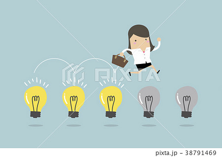 Businesswoman jumps on light bulbs. 38791469