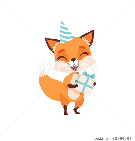 Cute fox character in party hat holding gift box 38794502