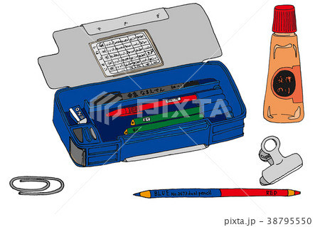 小学生の筆箱と筆記用具のイラスト素材