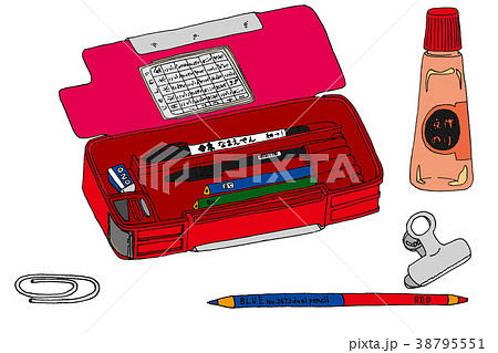 小学生の筆箱と筆記用具のイラスト素材