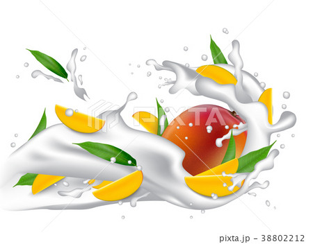Milk splash 3d illustration with leaves mango Milk splash 3d illustration with leaves mango 38802212