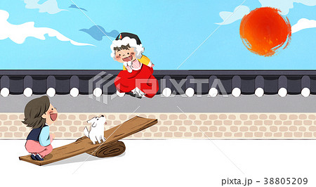 Vector - one boy and one girl playing Korean traditional games and greeting illustration. 004 38805209