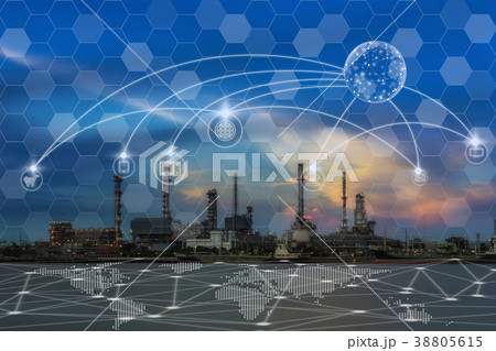Communication network with multichannel omni channel of Oil and gas refinery at twilight - Petrochemical factory, Technology Smart City with Internet of Things concept 38805615