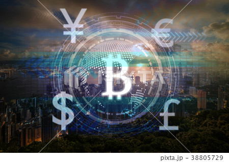 the financial technology or FinTech over the innovation technology virtual screen background with Aerial View of Hong Kong Cityscape on the sunrise time, business Fin tech network concept 38805729