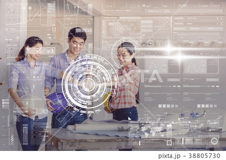 Teamwork Stacking Hand of Corporate Colleagues between professional construction engineers at the building site over the technology digital virtual screen background,engineering and teamworks Concept 38805730