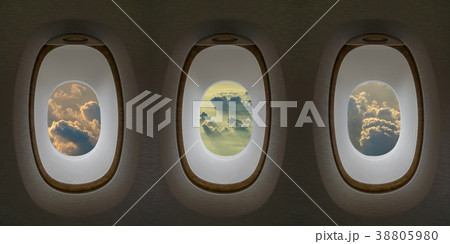 Three Airplane window with Clouds and sky as seen through window of an aircraft, travel and transportation mockup concept 38805980