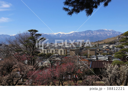 【山梨県】甲府市不老園から望む冠雪の南アルプスと甲府盆地 【山梨県】甲府市不老園から望む冠雪の南アルプスと甲府盆地 38812221
