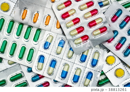 Top view of capsules pills in blister packs Top view of capsules pills in blister packs 38813261