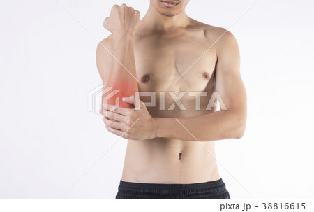 Young man arm and elbow joint pain on white  38816615