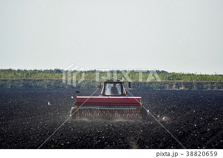 Tractor with a seeder in the field. sowing seeds Tractor with a seeder in the field. sowing seeds 38820659