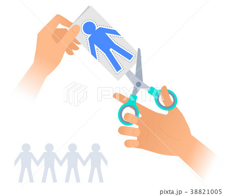 Hand with a scissors cuts out paper men chain. 38821005