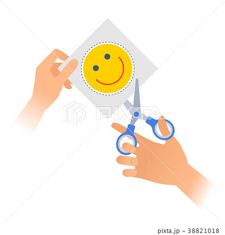 Hand With A Pair Of Scissors Cuts Out A Emoji のイラスト素材