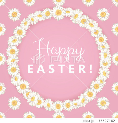 Happy easter card. Chamomile round frame on pink Happy easter card. Chamomile round frame on pink 38827182