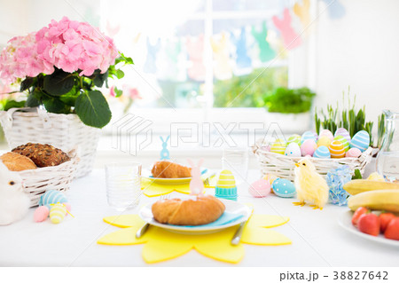 Easter morning breakfast. Eggs decor table setting Easter morning breakfast. Eggs decor table setting 38827642