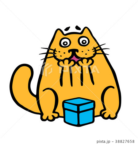 Funny orange cat enjoys the gift in box. Vector 38827658