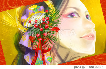 賀正ガール（赤）　和柄　女性　正月　年賀状　春　新春 38836023