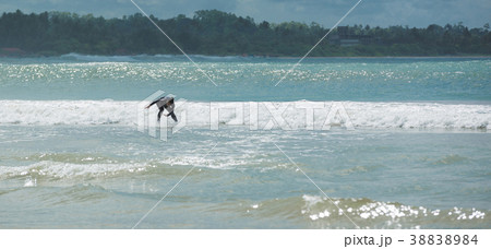 riding wave on surf board in ocean 38838984