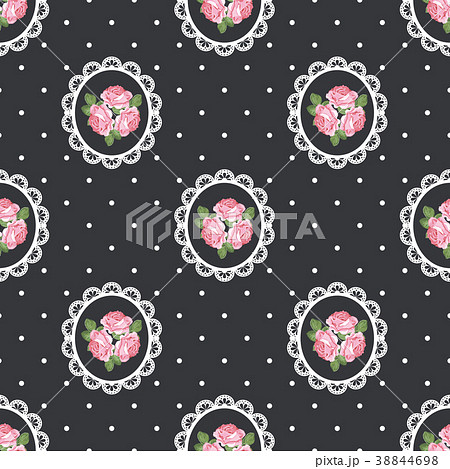 Shabby chic rose seamless pattern on black polka 38844698