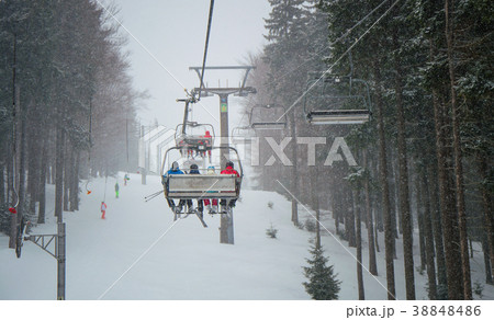 Snow storm of the hill in the ski resort. 38848486