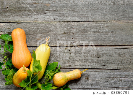 Pampkin and zucchini with green leaves on vintage Pampkin and zucchini with green leaves on vintage 38860792