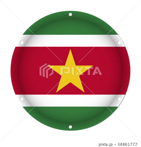 round metallic flag of Suriname with screw holes