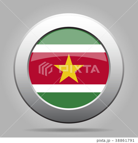 Flag of Suriname. Metal gray round button.