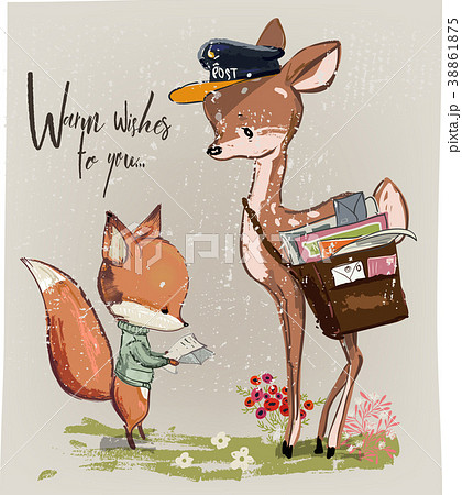 Cute Fawn And Fox With Letterのイラスト素材