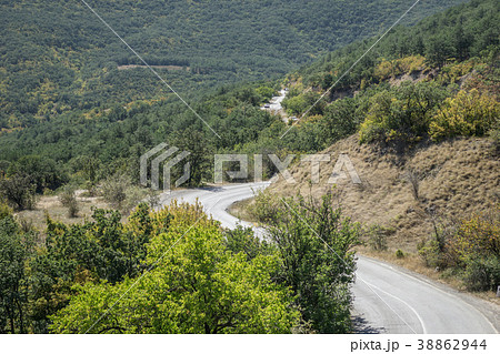 Winding road with mountains entirely covered trees 38862944