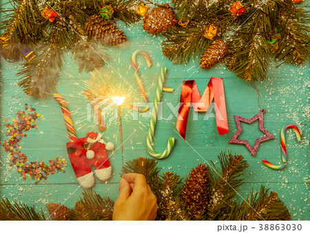 Photo of burning garland, fir branches, words 38863030