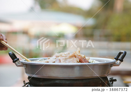 Thai common buffet, grill pork on hot pan 38867372
