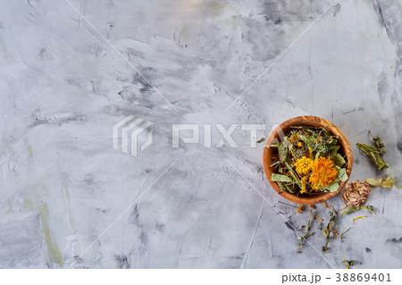 Spa still life with flowers in wooden bowl on Spa still life with flowers in wooden bowl on 38869401