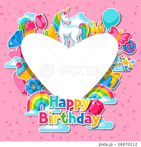 Happy Birthday Card With Unicorn And Fantasyのイラスト素材