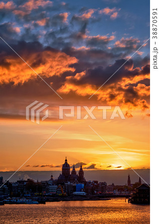 Amsterdam cityscape skyline with Church of Sain Amsterdam cityscape skyline with Church of Sain 38870591