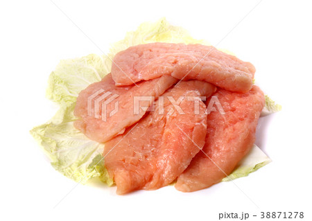 Raw sliced meat on a cabbage leaf Raw sliced meat on a cabbage leaf 38871278