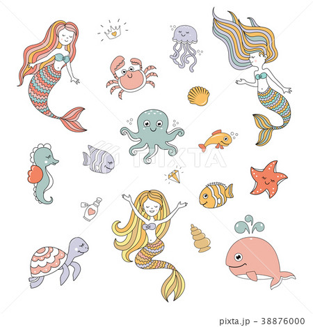 Mermaids cartoon characters with cute sea animals Mermaids cartoon characters with cute sea animals 38876000
