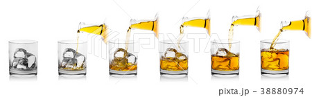 Process of pouring whiskey from bottle into glass 38880974