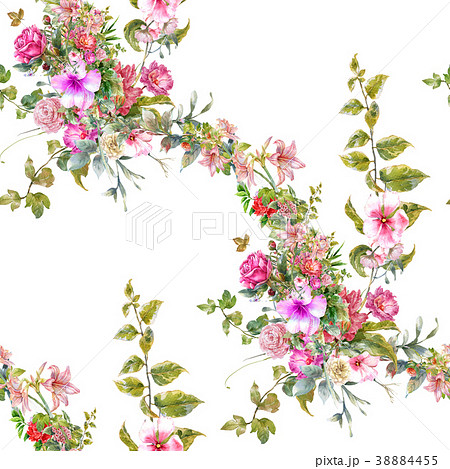 Watercolor painting of leaf and flowers, seamless Watercolor painting of leaf and flowers, seamless 38884455