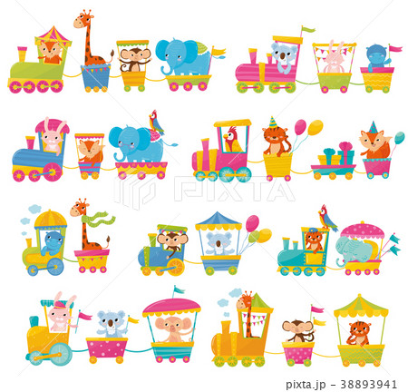 Cartoon Set With Different Animals On Trains Foxのイラスト素材 3941