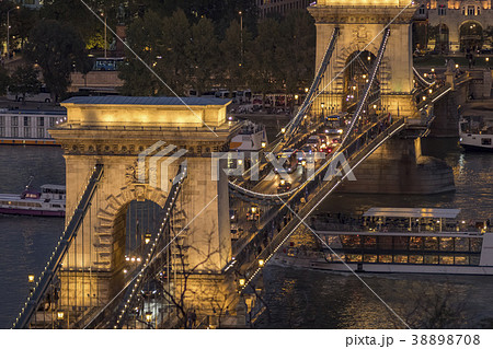 Elevated twilight shot of Chain Bridge Budapest Elevated twilight shot of Chain Bridge Budapest 38898708