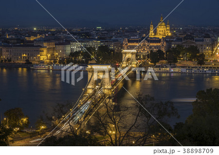 Elevated twilight shot of Chain Bridge Budapest 38898709