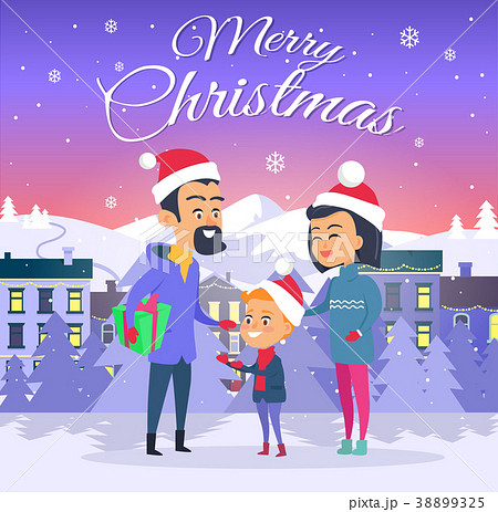Postcard with Merry Christmas on City Background 38899325