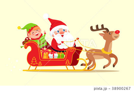 Santa and Elf Cartoon Characters Riding on Sleigh 38900267
